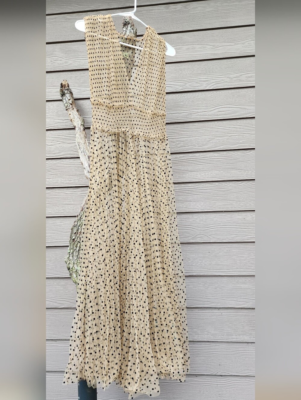 Elegant Beige Polka Dot Maxi Dress - Smocked Waist